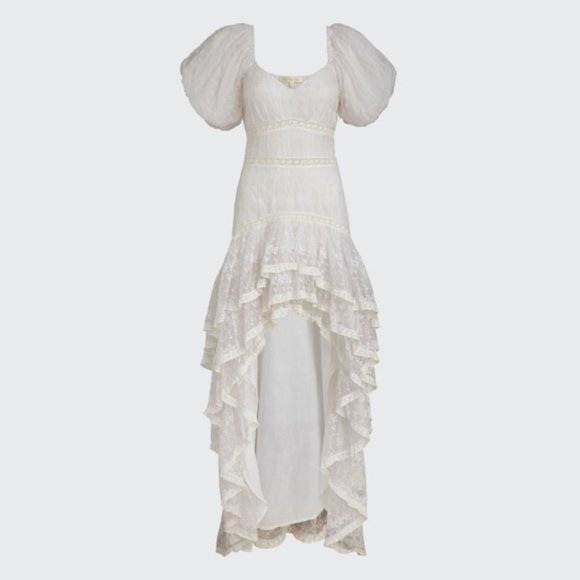 LoveShackFancy Cayden Silk High-Low Dress White Lace Eyelet Off Shoulder Gown - Picture 2 of 15